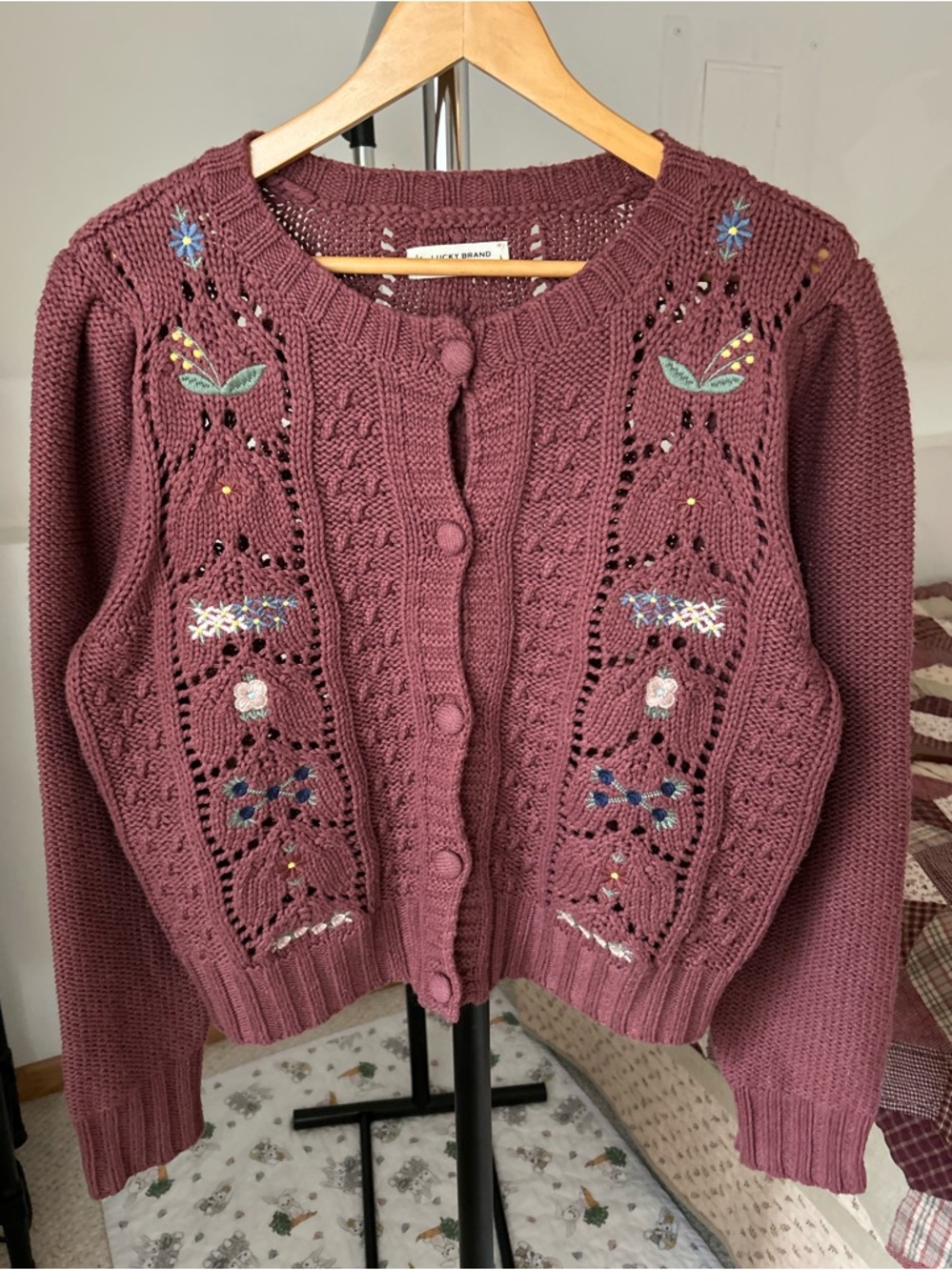 Lucky Brand Floral Embroidered Cardigan Knit Sweater